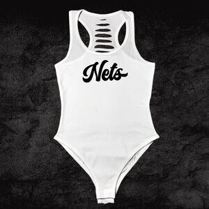 White/Black Handmade Brooklyn Basketball Womens Bodysuit, Net Fan, GO New York